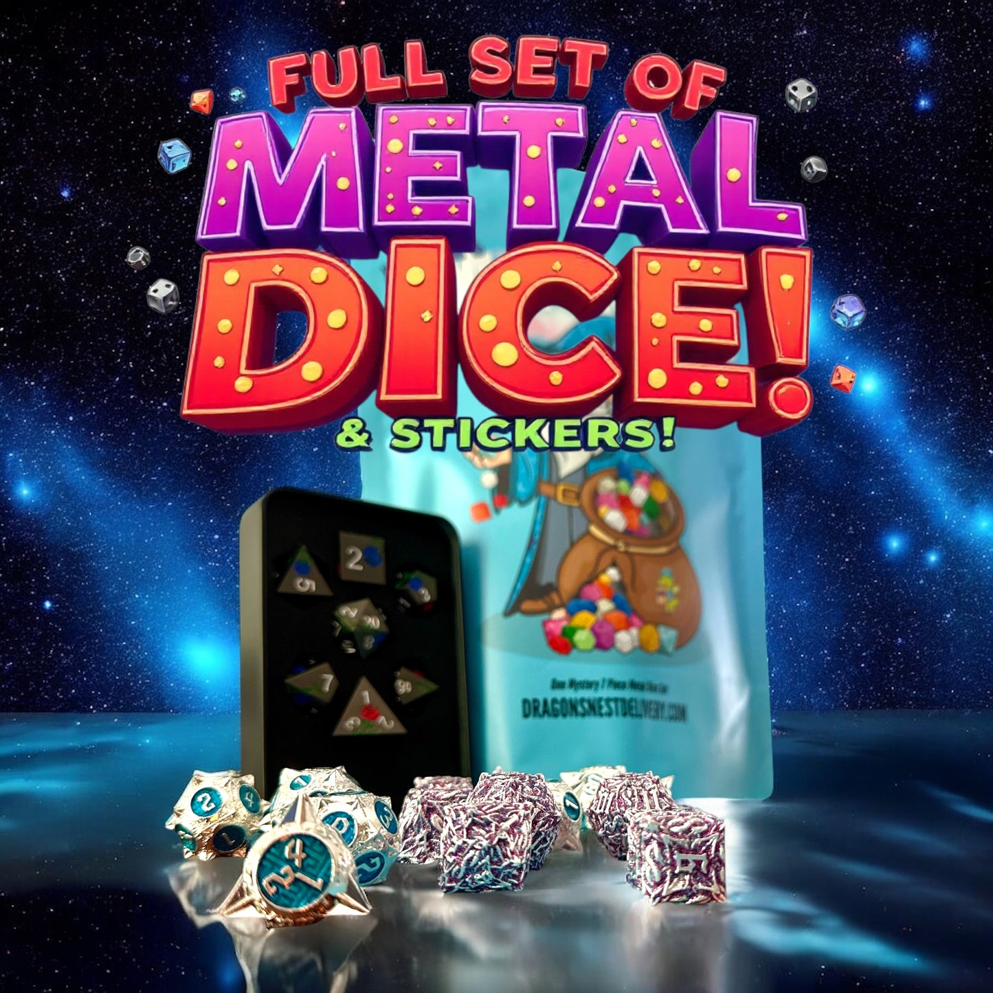 Walter’s Magical 7 Piece Polyhedral Metal Set Bag